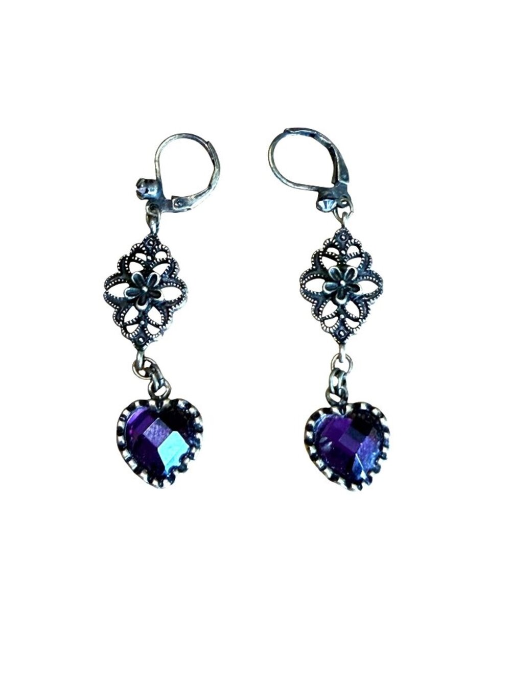 Vintage Dangle Heart Earrings Purple Crystal Floral Filigree Design Bronze Tone